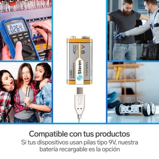 BATERIA 9V RECARGABLE STEREN USB 400 MAH BAT-LI-9V USB