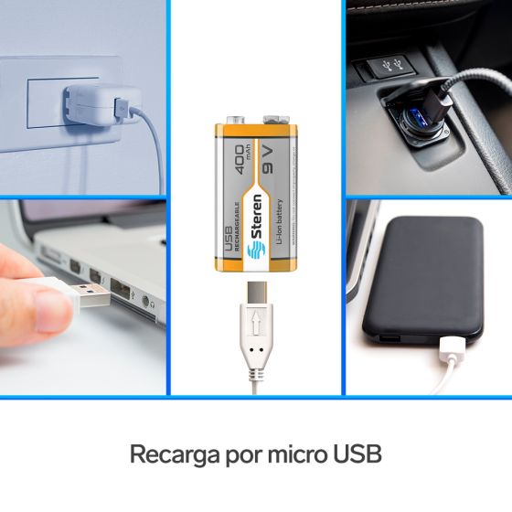 BATERIA 9V RECARGABLE STEREN USB 400 MAH BAT-LI-9V USB