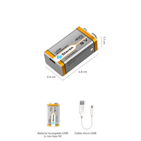 BATERIA 9V RECARGABLE STEREN USB 400 MAH BAT-LI-9V USB