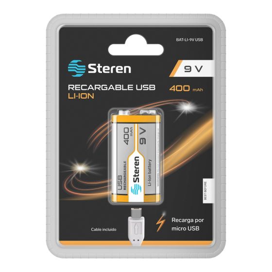 BATERIA 9V RECARGABLE STEREN USB 400 MAH BAT-LI-9V USB