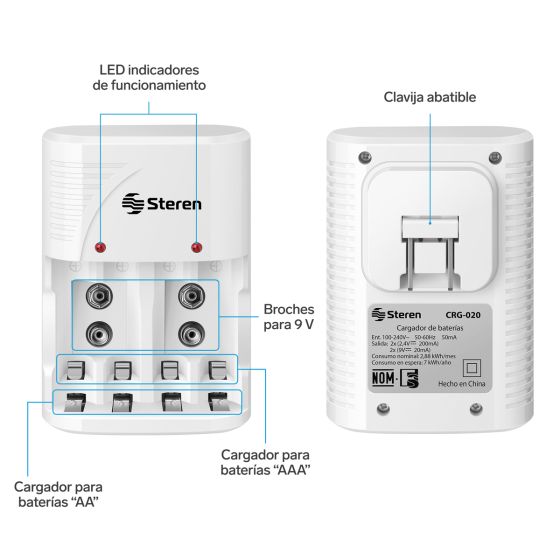 CARGADOR PARA BATERIAS STEREN AA/AAA/9V-C/4 BATERIAS CRG-020