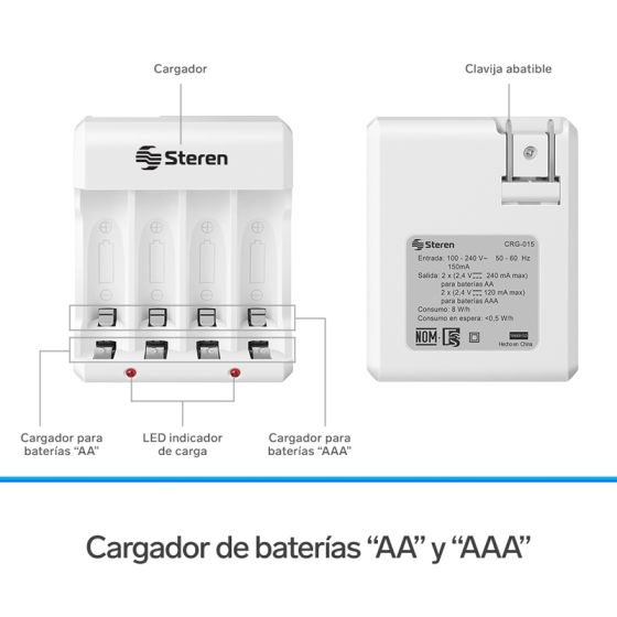 CARGADOR PARA BATERIAS STEREN INC/2 PARES AA CRG-015