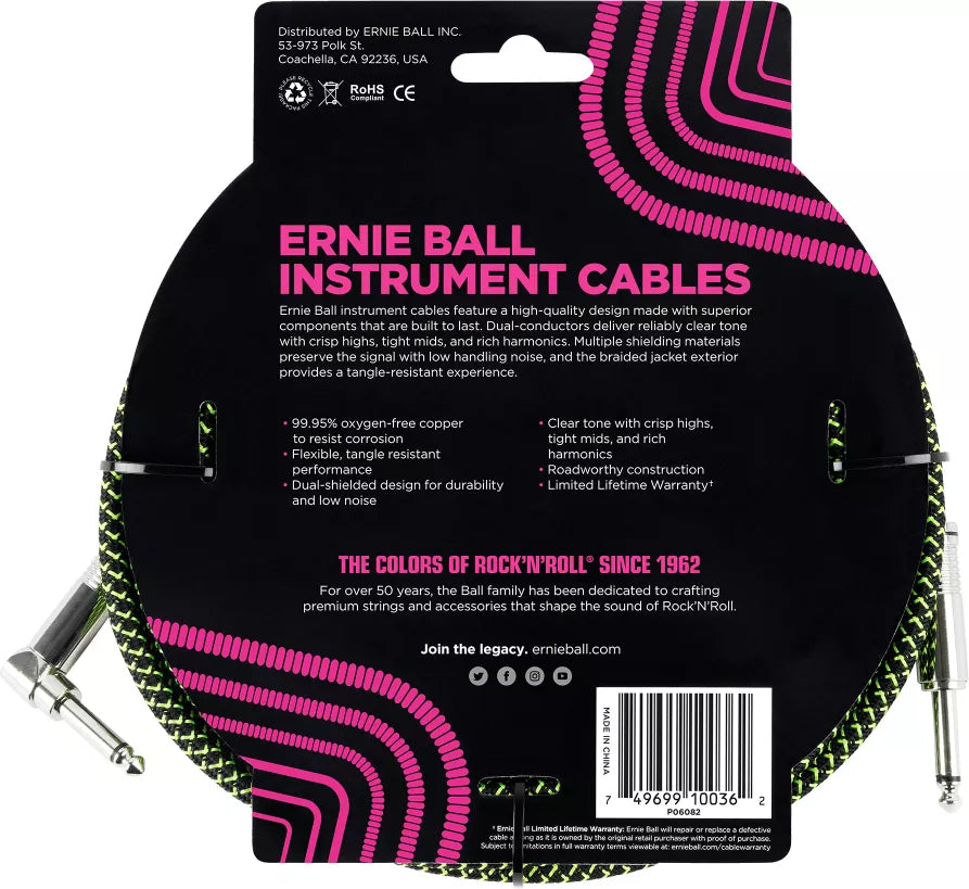 CABLE PARA INSTRUMENTO EERNIE BALL P06082 5.49M. BORDADO BK-GR