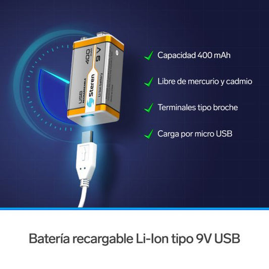 BATERIA 9V RECARGABLE STEREN USB 400 MAH BAT-LI-9V USB